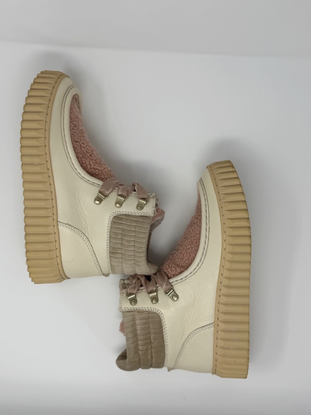 Sam Edelman Fay Platform Boots Ivory Beige Leather Faux Shearling Lace Up Size 8 - Picture 3 of 12